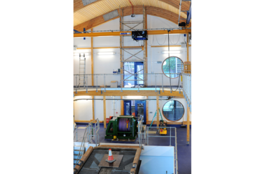 Production hall of the Royal National Lifeboat Institution with an ABUS crane on the coast of England