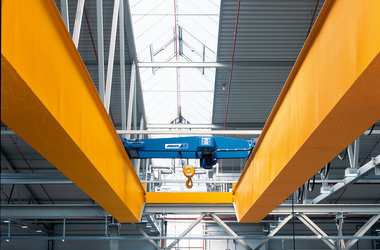 Close-up of ABUS double rail trolley type DQA on ABUS overhead travelling crane at Bienhaus company in Schlüchtern, Germany