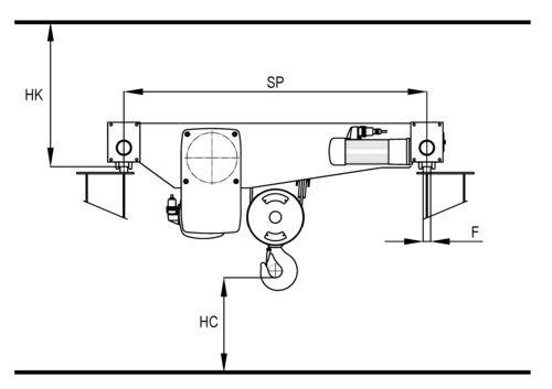 Detailed side sketch of double rail trolley type DQA